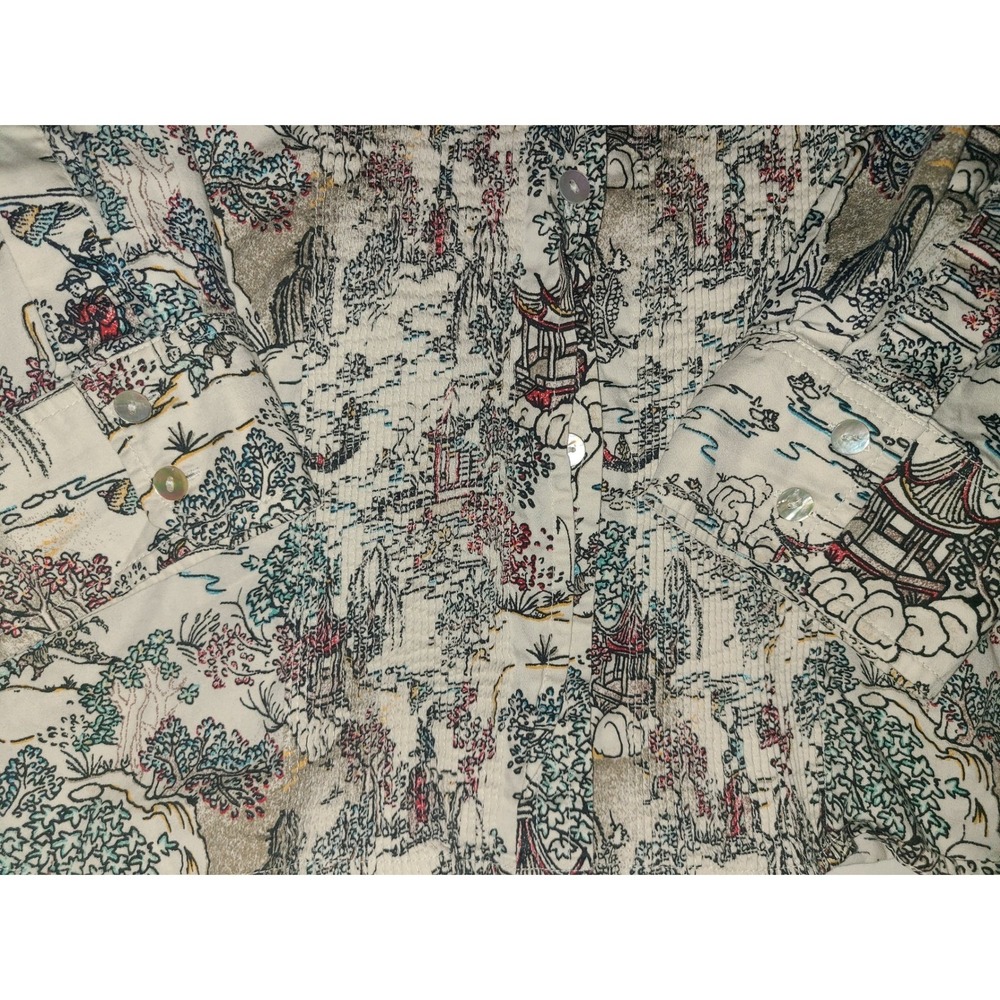 Chico's Asian Landscape Print Button Up Shirt Women Size M Long Sleeve Collared - Picture 13 of 13